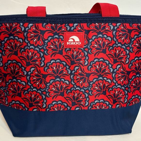 Igloo Red Navy Blue Floral Zip Top Insulated Lunch Tote Bag - Picture 2 of 6